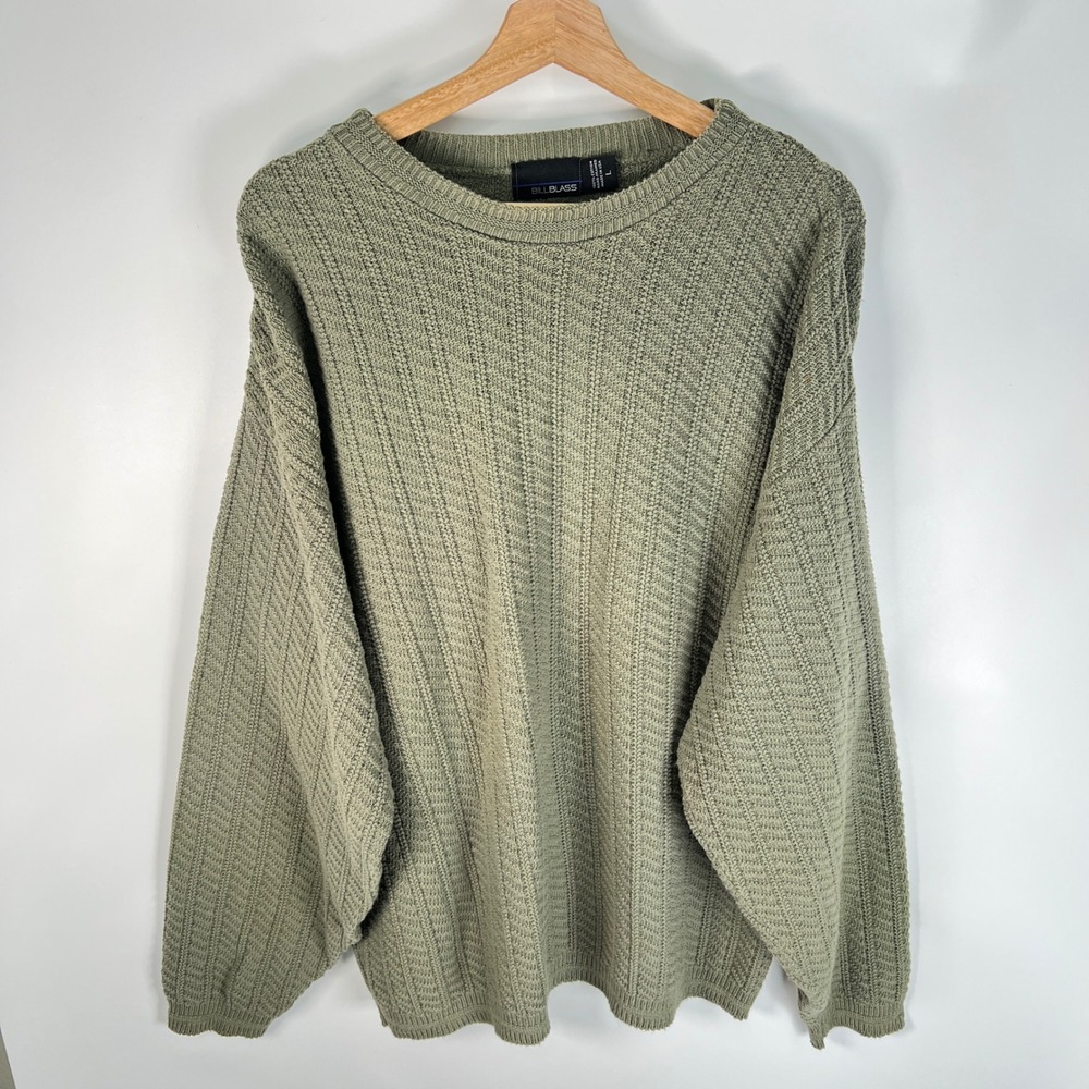 Bill Blass Mens Sage Green Textured Cotton Knit Crewneck Sweater Large USA Made